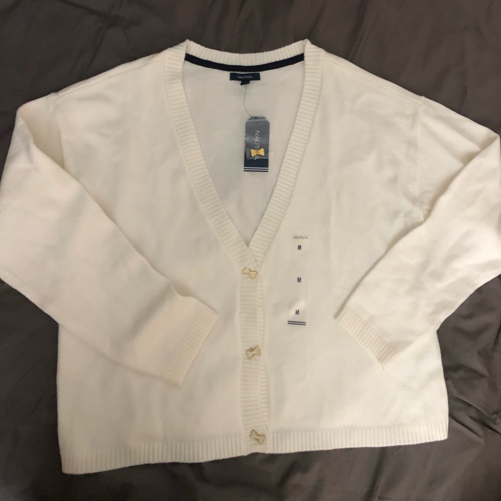 New nautica white cardigan sweater with bow buttons M